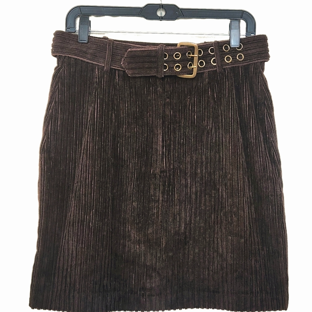 Brown Corduroy Skirt A-Line Wide-Wale Wide Belt Waist 31"